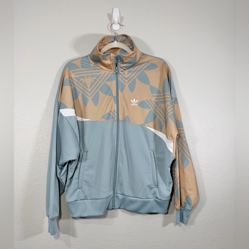 Vintage Adidas Original Jacket Zip Up Geometric Blue Tan Track Coat Top Youth L